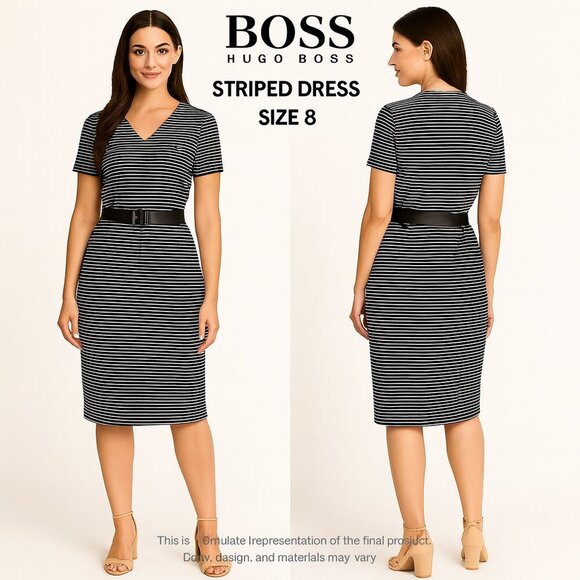 BOSS Striped Black White Belted Sheath Dress Size 8 Short Sleeve - Picture 1 of 10